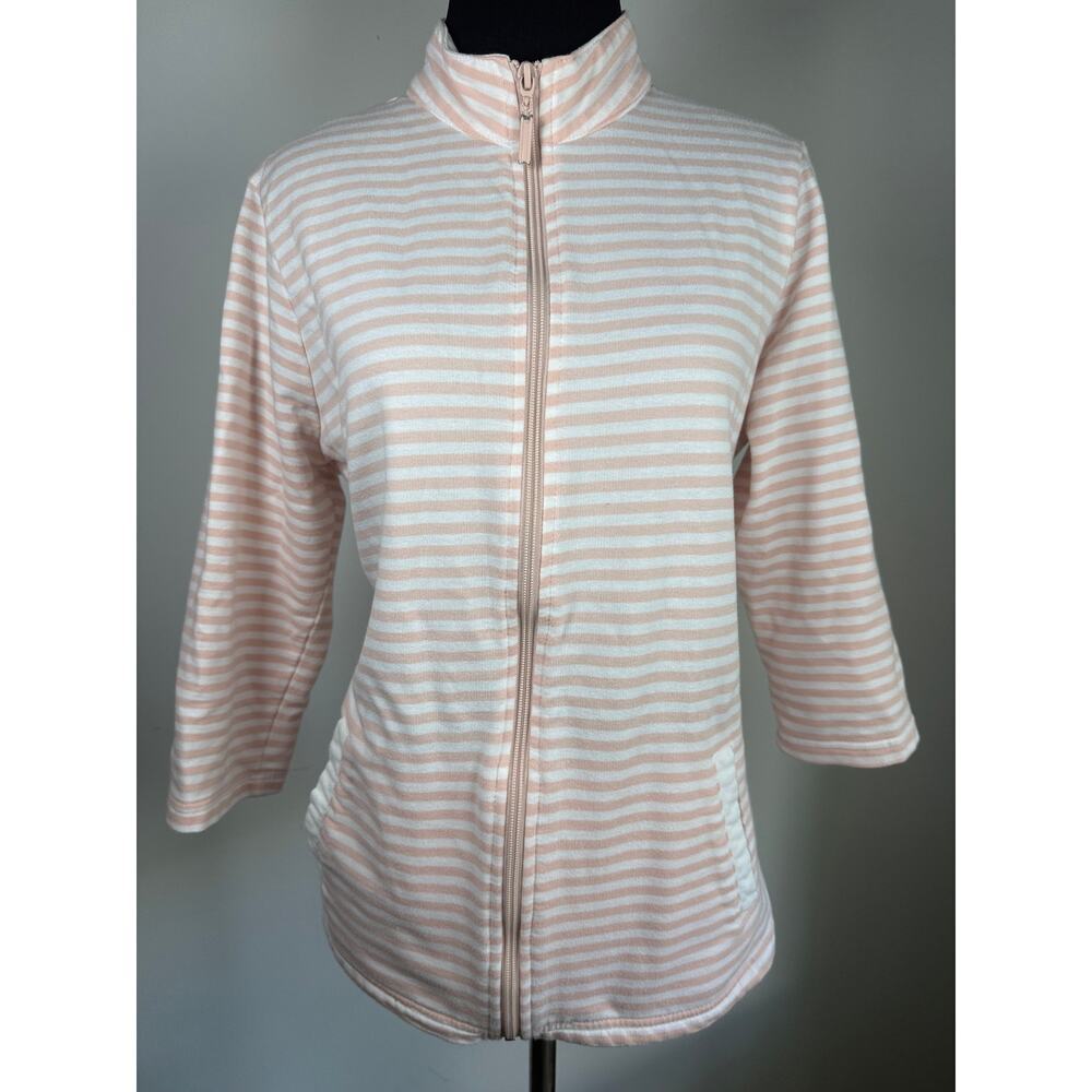 Pink White Striped Zip Mock Neck Jacket Coastal Grandmillennial Large